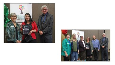 Representatives from Arrowwood Community School and Palliser Trustee Don Board, top left, and Huntsville School, bottom right, at a grant celebration by the Community Foundation of Lethbridge and Southwestern Alberta.