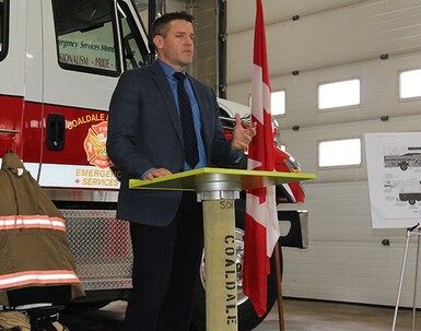 Palliser Director of Learning Jason Kupery speaks at a media availability on the new fire academy program.