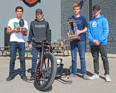 The winning entry in the Palliser Regional Schools Biker Build-Off Challenge from Noble Central School, from left to right, Jamin Liriano, Nathan Harrington, Ethan Feenstra and Tyson Van Der Wielen.