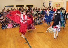 Students from Napi's Playground Elementary School in Brocket perform traditional dances at Sunnyside School's day-long cultural exchange program. Students learned about First Nations culture and also about the impact of residential schools on that culture