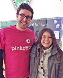 Student Kylie Bryan poses for a photo wth Travis Price following his presentation, which was sponsored by the Canadian Red Cross “RespectED” program.